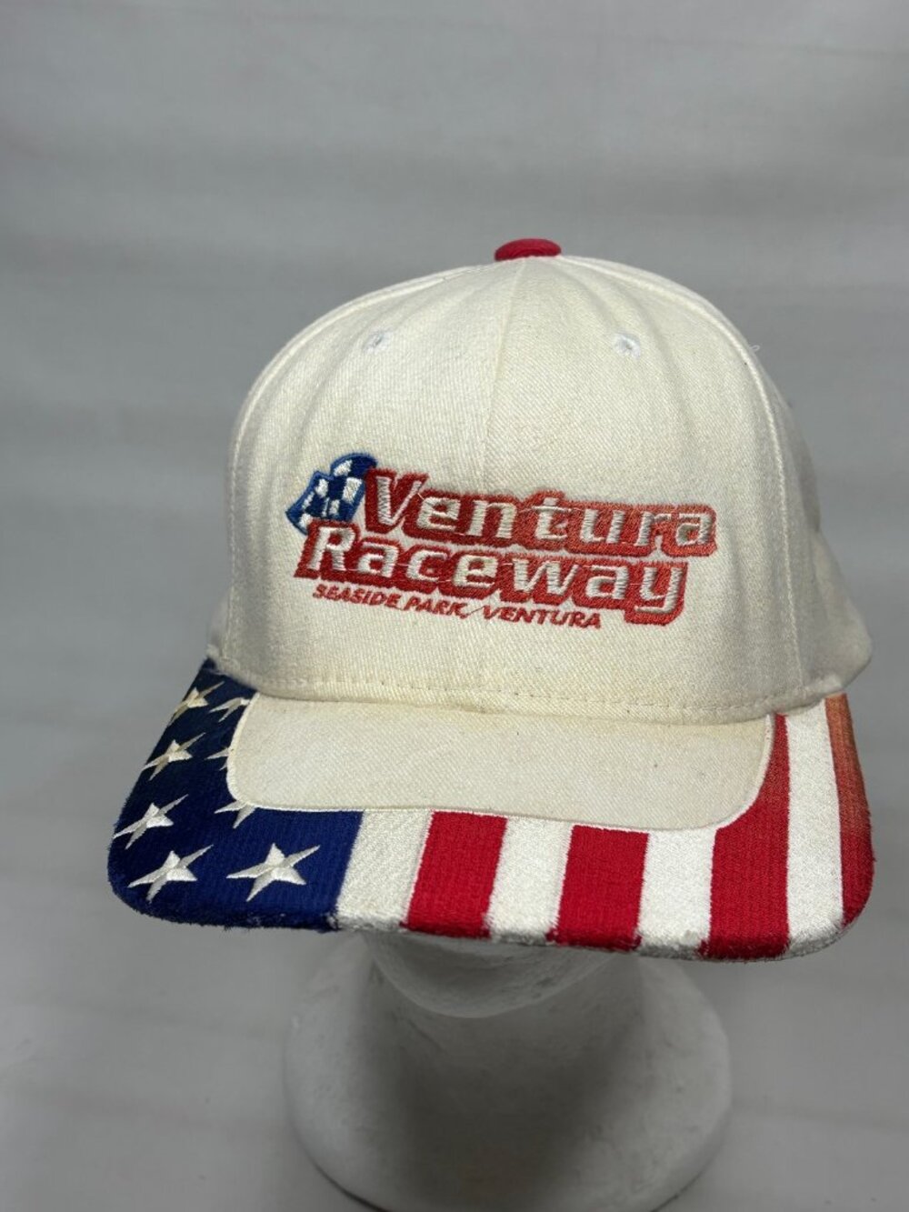 Vintage Ventura Raceway Hat 90s American Flag Brim Seaside Park Korea Stained